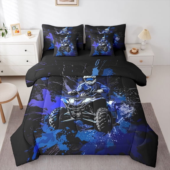 Manfei Dirt Bike 7-Piece Twin Bedding,Modern Sports Art Bedding Comforter Set,Blue,Black Reversible