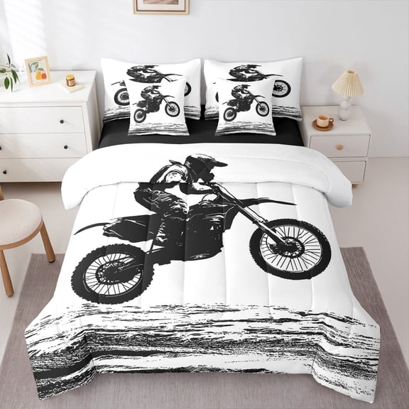 Manfei Dirt Bike 7 Pieces Bedding Comforter Set,Extreme Sport Theme Full Bedding Set,White Black Fitted Sheet Flat Sheet For Boy,Breathable Home Decor Reversible