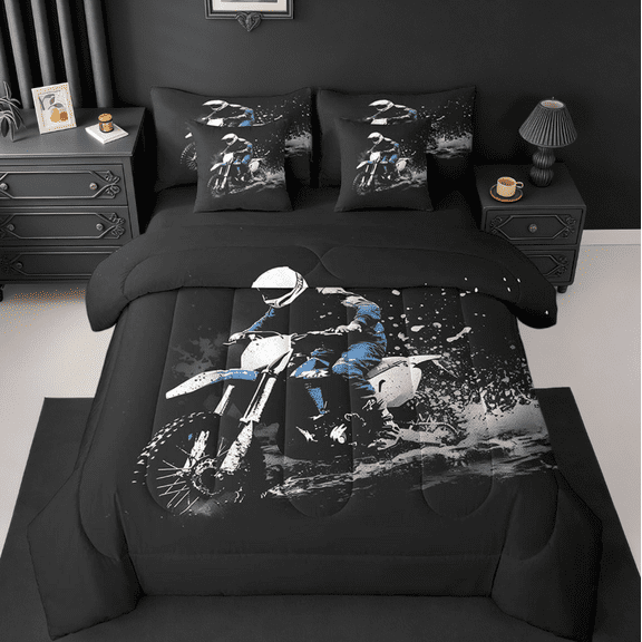 Manfei Dirt Bike 7pcs Bedding Comforter Set,Racing Themed Dirt Bike Racing Motocross Queen Bedding Sets For Kids Boys Girls Motorbike Lover Reversible
