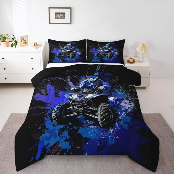 Manfei Dirt Bike Full Size Comforter Sets,Modern Sports Art Bedding Comforter Set,Blue,Black Reversible,3 Pieces,1 Comforter and 2 Pillowcases