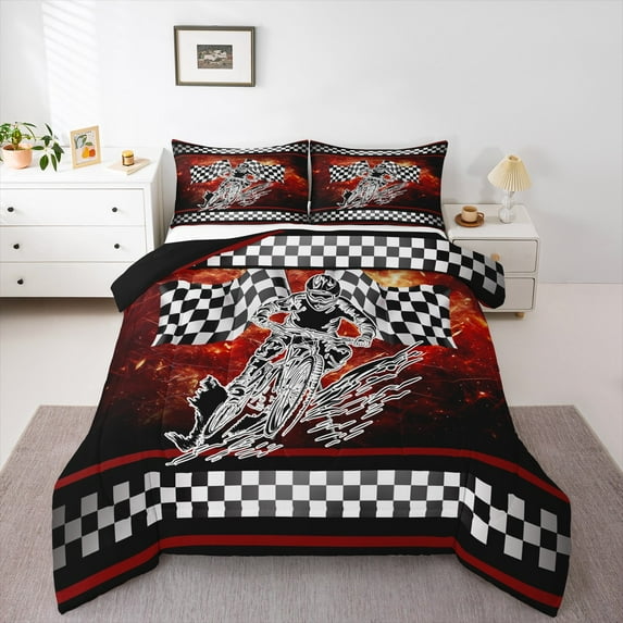 Manfei Dirt Bike Print Comforter Sets, Motorcycle Sports Comforters & Duvets, Vintage Watercolor Reversible Bedding Comforter Set, Breathable Room Decoration, 2pcs