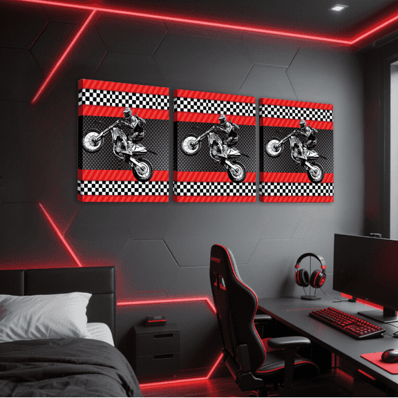 Manfei Dirt Bike Wall Art Decor for Teens Boys, Extreme Sports Theme Home Decor Room Decor, White Black Red Wall Hanging