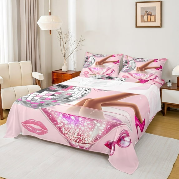 Manfei Disco Ball 4-Piece Full Size Sheets,High Heels Bed Sheets,Bling Glitter Lightweight Sheet Sets,Old Fashion Room Decorative