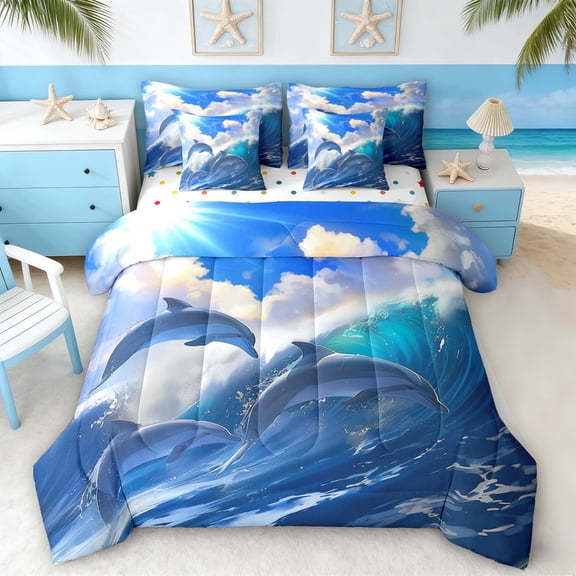Manfei Dolphin Jumping Wave Bedding Comforter Set for Kids Boys and Girls, Ocean Sunlight Print Full Bedding Set, Polka Dots Reversible 7 Pieces