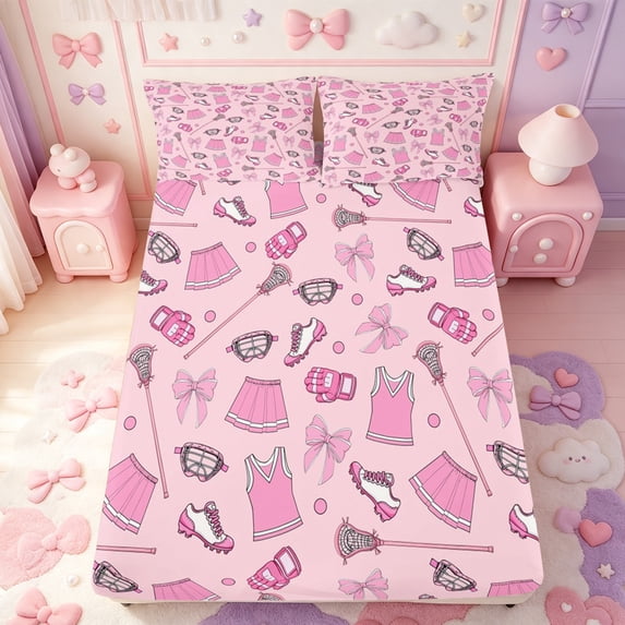 Manfei Doodle Lacrosse Bowknot Fitted Sheet Queen,Athletic Teen Bedding,3-Piece,1 Fitted Sheet and 2 Pillowcases