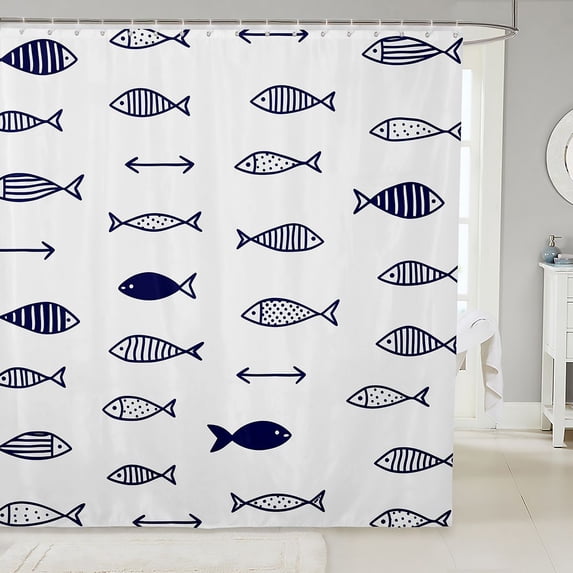 Manfei Doodle Ocean Fish Shower Curtain 72Wx78L, Rustic Arrow Bath Curtain, Navy White
