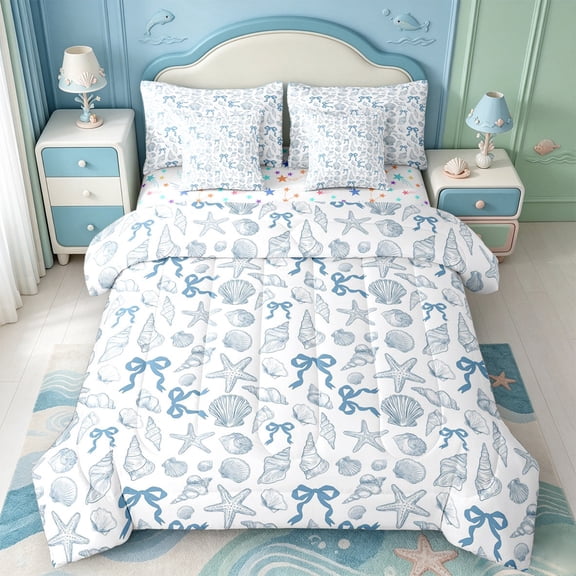 Manfei Doodle Seashell Bow 7pcs Queen Bedding,Conch Seaside Bedding Comforter Set Queen,Colorful Stars Reversible