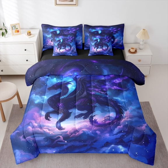Manfei Dragon 7 Pieces Bedding Comforter Set,Western Fantasy Theme Full Bedding Set,Dream Purple Blue Fitted Sheet Flat Sheet For Boys Kids,Luxury Bedroom Decor Reversible