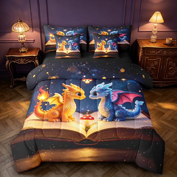 Manfei Dragon Animals 7-Piece King Bedding,Fantasy Mushroom Starry Sky King Bed in a Bag,Blue Red,Black Reversible