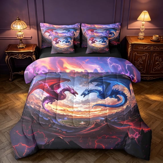 Manfei Dragon Animals 7 Pieces Full Size Bedding Sets,Gothic Mountain Lightning Full Size Bed in a Bag,Blue Pink,Black Reversible