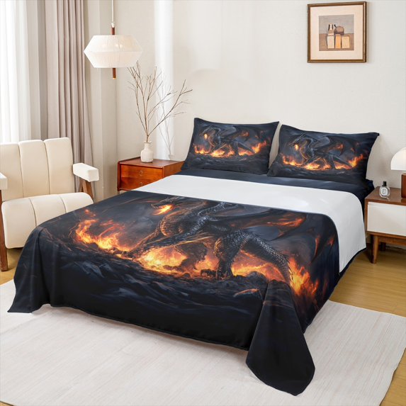 Manfei Dragon Bed Sheets King,Magic Animal Bedding King Size,Fire Flaming Sheet Set King,Microfiber Room Decoration,4pcs