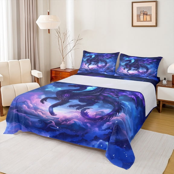 Manfei Dragon Queen Sheet Sets,Western Fantasy Theme Flat Sheet,Dream Purple Blue Queen Fitted Sheet For Boys Kids,Luxury Bedroom Decor,4 Pieces