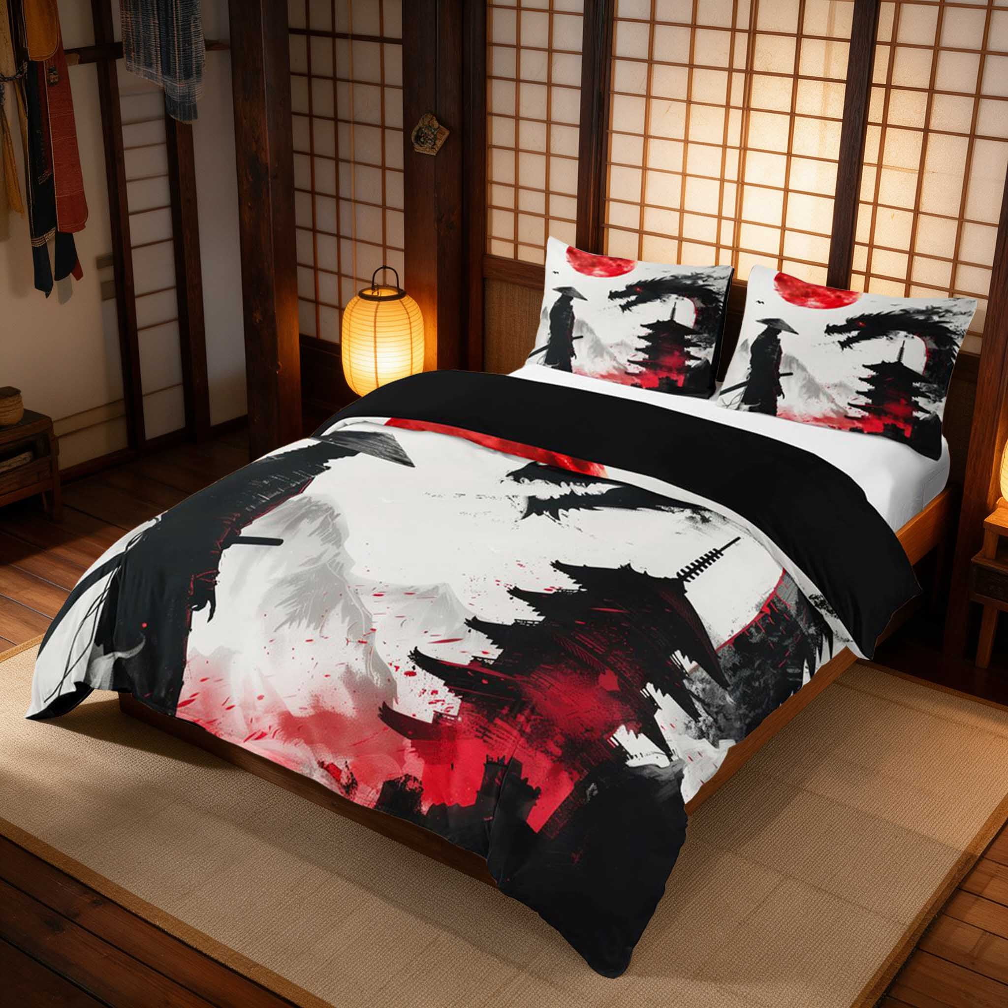 Manfei Dragon Samurai Duvet Cover King, Red Moon Pagoda King Bedding ...