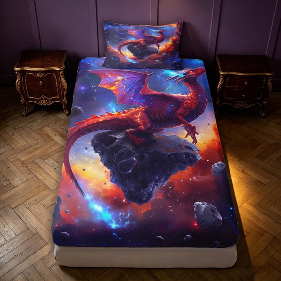Manfei Dragon Wildlife Fitted Sheet Queen,Gothic Cloud Stars Bedding,Blue,3-Piece,1 Fitted Sheet and 2 Pillowcases