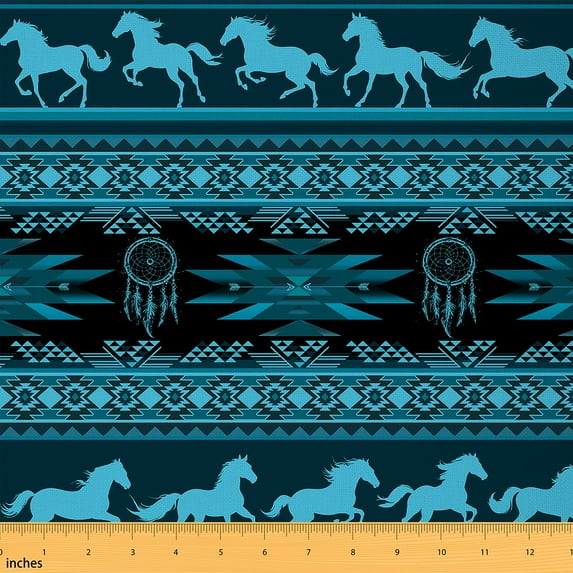 Manfei Dream Catcher Horse Fabric by the Yard (1 Yard), Bohemian Hippie Aztec Decorative Fabric by the Yard, Black Blue DIY Fabric