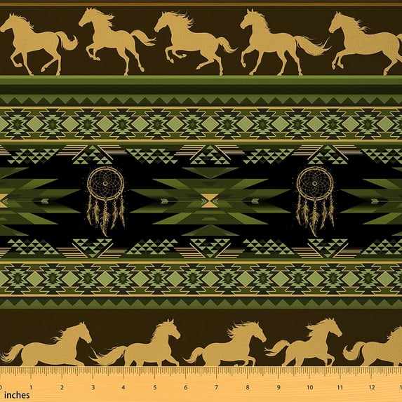 Manfei Dreamcatcher Horse Sewing & Crafting Fabric (3 Yards), Bohemian Hippie Aztec Home Decor Fabric by the Yard, Black Green Orange DIY Fabric