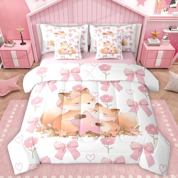 Manfei Dreamy Animal Fox Bedding Comforter Set 7 Pieces for Kids, Kawaii Bowknot Flower Full Bedding Set, Cartoon Stars Print Reversible Fitted Sheet Flat Sheet, Microfiber Bedroom Decor