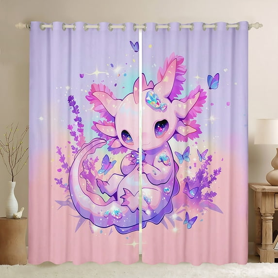 Manfei Dreamy Axolotl Black Out Curtains for Teen, Glitter Diamond Print Curtains Pack of 2 (42x63 Each), Kawaii Cartoon Animal Bedroom Curtains, Window Curtains Room Decor