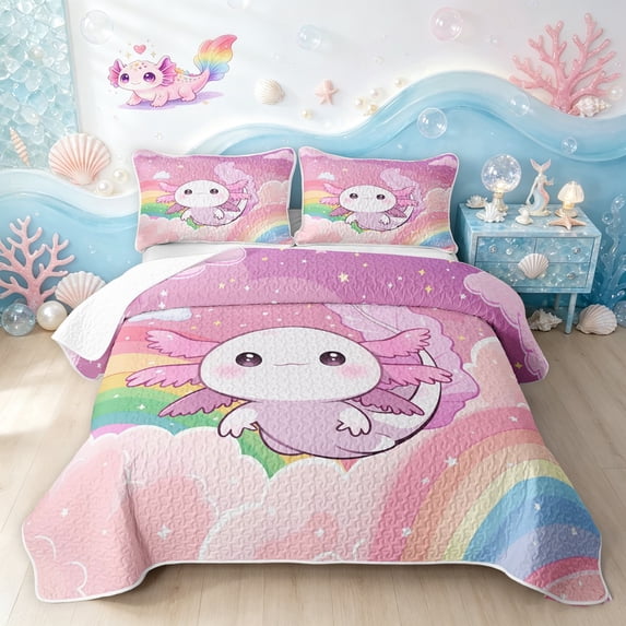Manfei Dreamy Axolotl Twin Quilt Set, Cosmic Rainbow Twin Coverlet Set, Pink Purple, 2 Pieces, 1 Bedspread and 1 Pillowcase