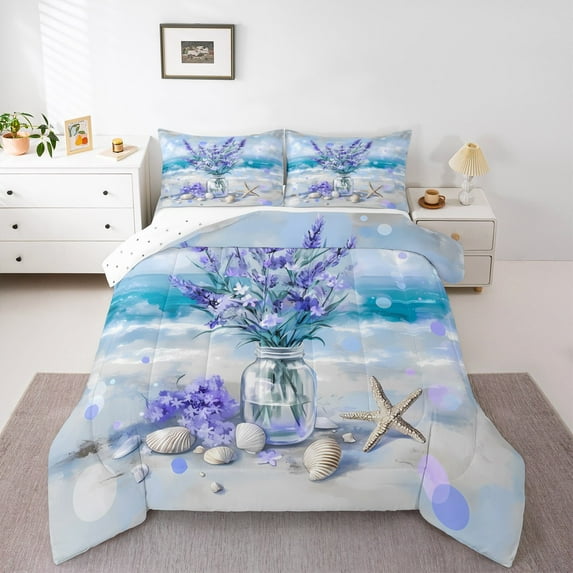 Manfei Dreamy Beach Bedding Sets with Comforter, Purple Flower Comforter Sets, Seashell Marine Reversible Down Comforter, Ultra Soft Bedroom Decorative, 2pcs