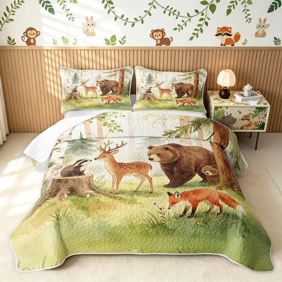 Manfei Dreamy Bear Deer Bed Spread Queen, Waterclor ForestAnimal Queen Coverlet Set, Green Yellow, Polkadot Reversible, 3pcs, 1 Quilt and 2 Pillowcases