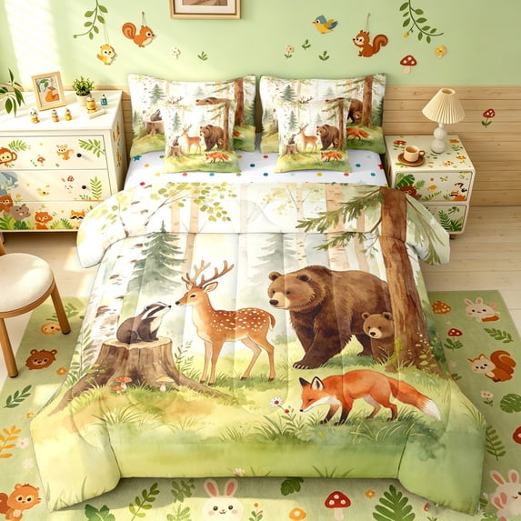 Manfei Dreamy Bear Deer Full Size Bedding Sets, Waterclor ForestAnimal Full Size Bed in a Bag, Green Yellow, Polkadot Reversible, 7pcs
