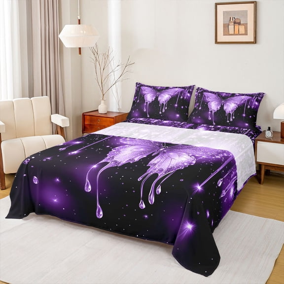 Homewish Dreamy Bling Butterfly Bed Sheets, Purple Glitter Diamond King Sheets, Romantic Animal Sheet Set, Super Cozy Room Decor, 4 Pieces