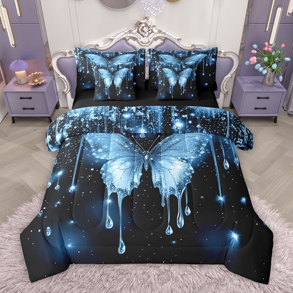 Homewish Dreamy Bling Butterfly Bedding Comforter Set 7pcs, Blue Glitter Diamond King Bedding Sets, Romantic Animal Reversible Bed Sheets, Microfiber Bedroom Decor