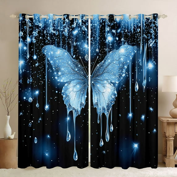 Homewish Dreamy Bling Butterfly Curtains Pack of 2 (42x84 Each), Blue Glitter Diamond Curtains Blackout, Romantic Animal Bedroom Curtains, Curtains and Drapes Bedroom Decor