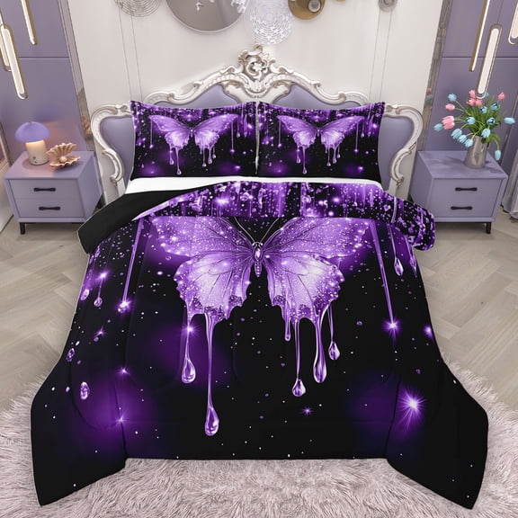 Homewish Dreamy Bling Butterfly Queen Comforter Set, Purple Glitter Diamond Bedding Sets, Romantic Animal Reversible Bedding Comforter Set, Super Cozy Room Decor, 3 Pieces