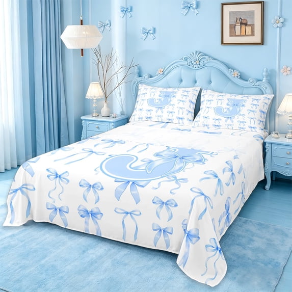 Manfei Dreamy Blue Bow Bed Sheets For Girls,Letter J Alphabet Initial King Sheets,4-Piece
