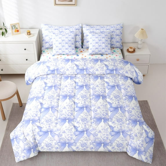 Manfei Dreamy Blue Bow Bedding Comforter Set 7pcs,Lovely Bow Tie Queen Bedding Sets,Western Country Flower Queen Sheet Sets For Children,Breathable Home Decor Reversible