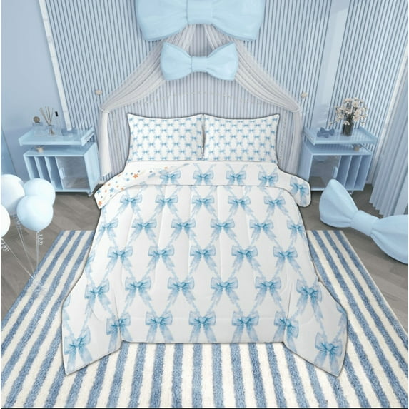 Manfei Dreamy Blue Bow King Size Comforter Sets,Lovely Bow Tie Bedding Comforter Set,Girl Bowtie Bedding Set For Children,Breathable Home Decor Reversible,3pcs