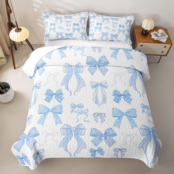 Manfei Dreamy Blue Bow Quilt King For Girls,Princess Bow Ribbon Detail King Coverlet Set For Kids,3-Piece