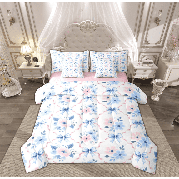 Manfei Dreamy Blue Bowknot Bedding Comforter Set 7pcs, Vintage Rustic Flower Queen Bedding Sets, Teens Kids Child Reversible Queen Sheet Sets, Breathable Home Decor
