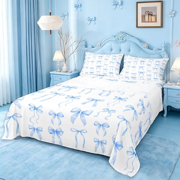 Manfei Dreamy Blue Bowknot Full Size Sheets For Girls,Kawaii Bow Tie Bed Sheets For Kids,4-Piece