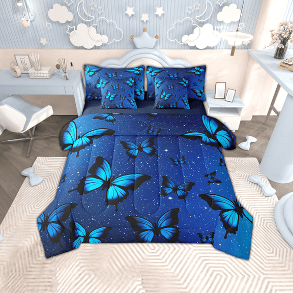 Manfei Dreamy Blue Butterfly 7pcs Bedding Full Size for Girls, Psychedelic Galaxy Comforter Sets with Sheets, Chic Animal Bed Set, Microfiber Room Decoration