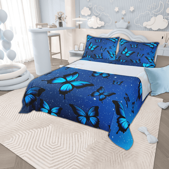 Manfei Dreamy Blue Butterfly Bed Sheets Queen for Girls, Psychedelic Galaxy Bedding Queen Size, Chic Animal Bedroom Set, Microfiber Room Decoration, Top Sheet + Fitted Sheet + Pillowcase