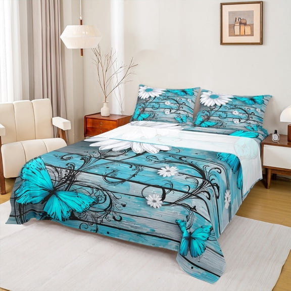 Manfei Dreamy Blue Butterfly Bed Sheets,White Rustic Flower King Sheets,Old Barn Door Sheet Set For Girls Boys,Luxury Bedroom Decor,4 Pieces