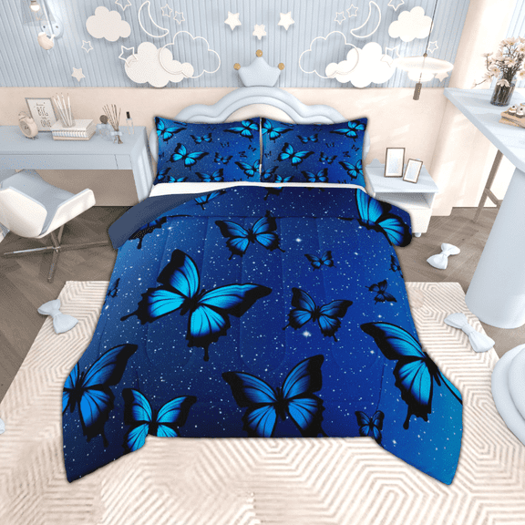 Manfei Dreamy Blue Butterfly Bedding King Comforter Set for Girls, Psychedelic Galaxy Down Comforter, Chic Animal Bedding Sets King with Comforter, Microfiber Room Decoration, 3 Pieces Reversible