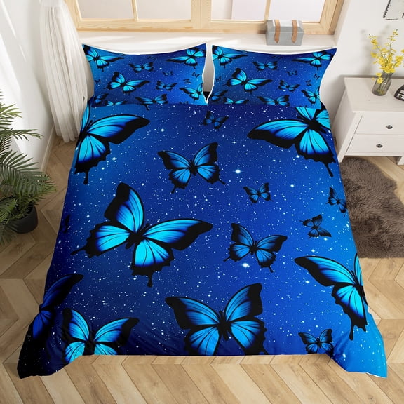 Manfei Dreamy Blue Butterfly Duvet Cover Twin for Girls, Psychedelic Galaxy Comforter Cover Twin, Chic Animal Bed Cover, Microfiber Room Decoration, Zipper Closure and Reversible 2pcs