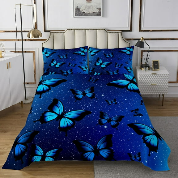 Manfei Dreamy Blue Butterfly Quilt Sets for Twin Size Bed for Girls, Psychedelic Galaxy Bed Set, Chic Animal Quilt Bedding Set, Microfiber Room Decoration, 2pcs