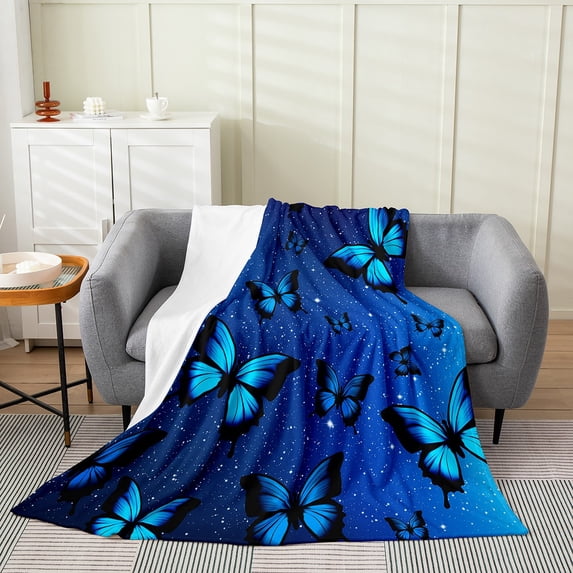 Manfei Dreamy Blue Butterfly Sherpa Blanket 90x90 for Girls, Psychedelic Galaxy Fuzzy Blanket Throw, Chic Animal Fleece Blanket, Microfiber Room Decoration