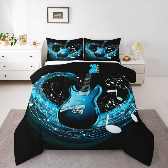 Manfei Dreamy Blue Guitar Bedding Comforter Set,Musical Instrument Twin Comforter Sets,Music Melody Bedding Set For Girls,Luxury Bedroom Decor Reversible,2 Pieces
