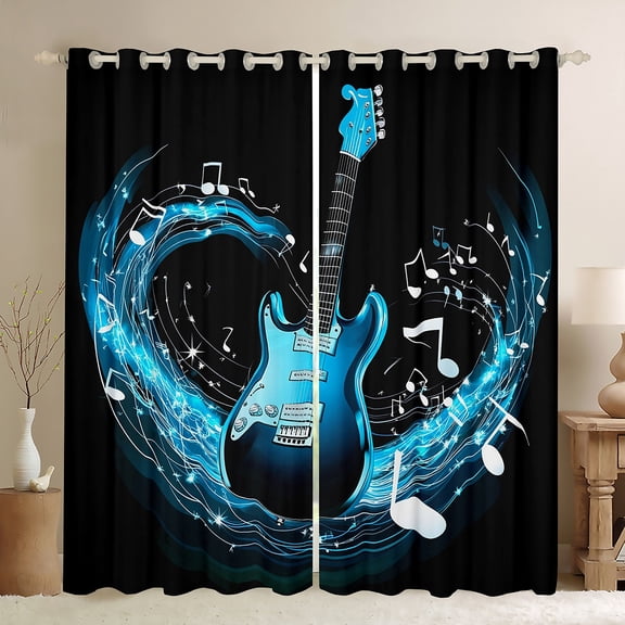 Manfei Dreamy Blue Guitar Blackout Curtains Set of 2 (52x84 Each),Musical Instrument Window Curtains,Music Melody Curtains and Drapes For Girls,Luxury Bedroom Decor