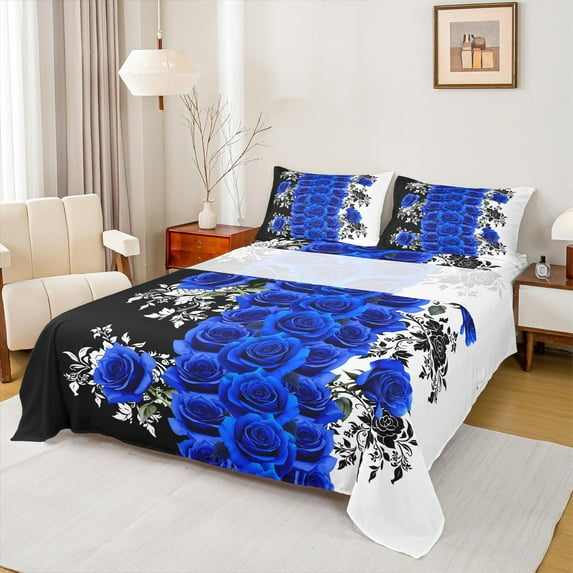 Manfei Dreamy Blue Rose Full Size Sheets,Country Flower Floral Bed Sheets,Natural Theme Sheet Sets For Adults,Microfiber Bedroom Decor,4 Pieces