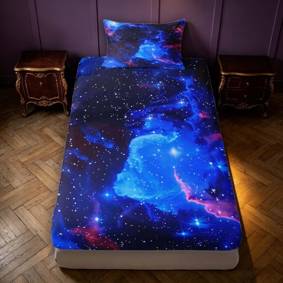 Manfei Dreamy Blue Space Clouds Fitted Sheet Full,Sparkling Stars Print Bed Set,3-Piece