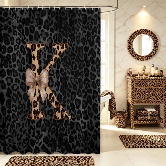 Manfei Dreamy Bow Alphabet K Shower Curtain 72Wx72L,Leopard Print Bathroom Curtain,Black Brown