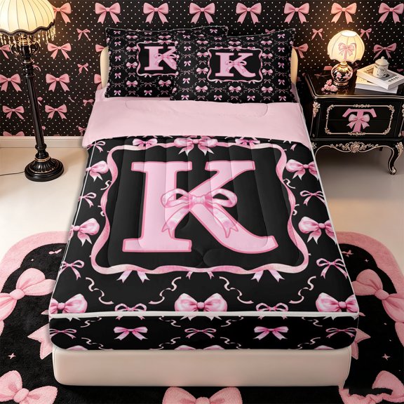 Manfei Dreamy Bow Tie Letter K Zipper Twin Comforter Sets with Fitted Sheet and 2 Pillowcases,Girls Teens Romantic Bow Plaid Zipper Bedding Set,4-Piece,Pink Reversible