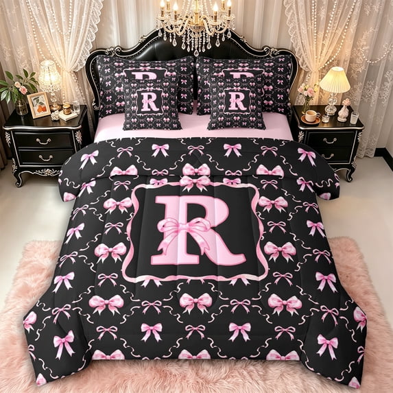 Manfei Dreamy Bow Tie Letter R Monogrammed Bedding Comforter Set 7pcs for Girls Kids,Women Teens Romantic Bow Plaid Queen Bedding Sets,Pink Reversible,Breathable Home Decor